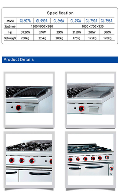 Power Gas Range GH-999A 27Kw kommerzielle Kochgeräte mit Rock Grill und Ofen Gewicht 205kg