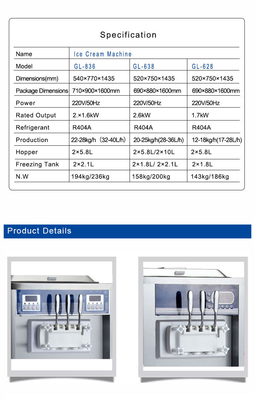 360-460 Tassen/h Industrielle Soft Ice Cream-Maschine 2x2.1L Gefriertank 22-28kg/h Produktion