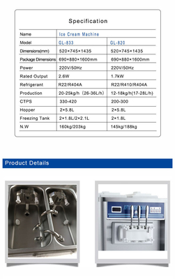2.6kW-Soft Ice Cream-Maschine mit 2x5.8L/2x10L Hopper 2x1.8L2x2.1L Gefriertank 220-240V Spannung