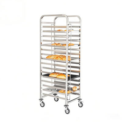 Kommerzielle 15-Stufen-Edelstahl-Bunn-Pan-Rack-Trolley mit Sperrbremsrädern für die Lieferung und Lagerung in der Bäckerei